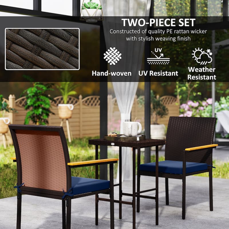 2-Piece UV-Resistant Rattan Outdoor Dining Chairs Set with Removable Cushion Covers and Acacia Armrests