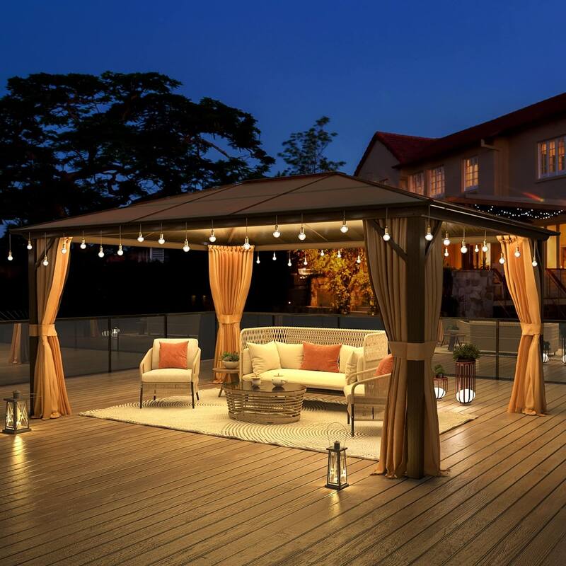 Outdoor Hardtop Gazebo for patio,Polyester Double Roof Canopy, Permanent Pavilion with Aluminum Frame,Curtains & Netting