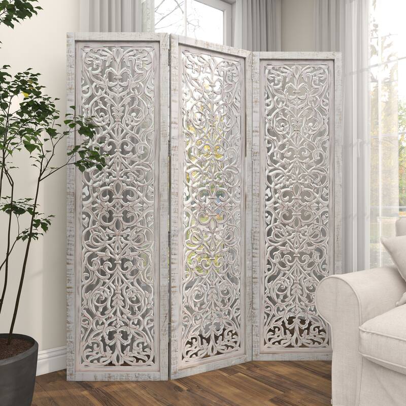 Wooden Floral Handmade Hinged Foldable 3 Panel Room Divider Screen with Intricate Carved Design - White - Roche River Decor