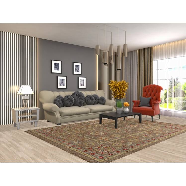 Hand Knotted Oriental 100% Wool Carpet Transitional All-Over Brown Oushak Area Rug - 9' 1'' X 6' 6''