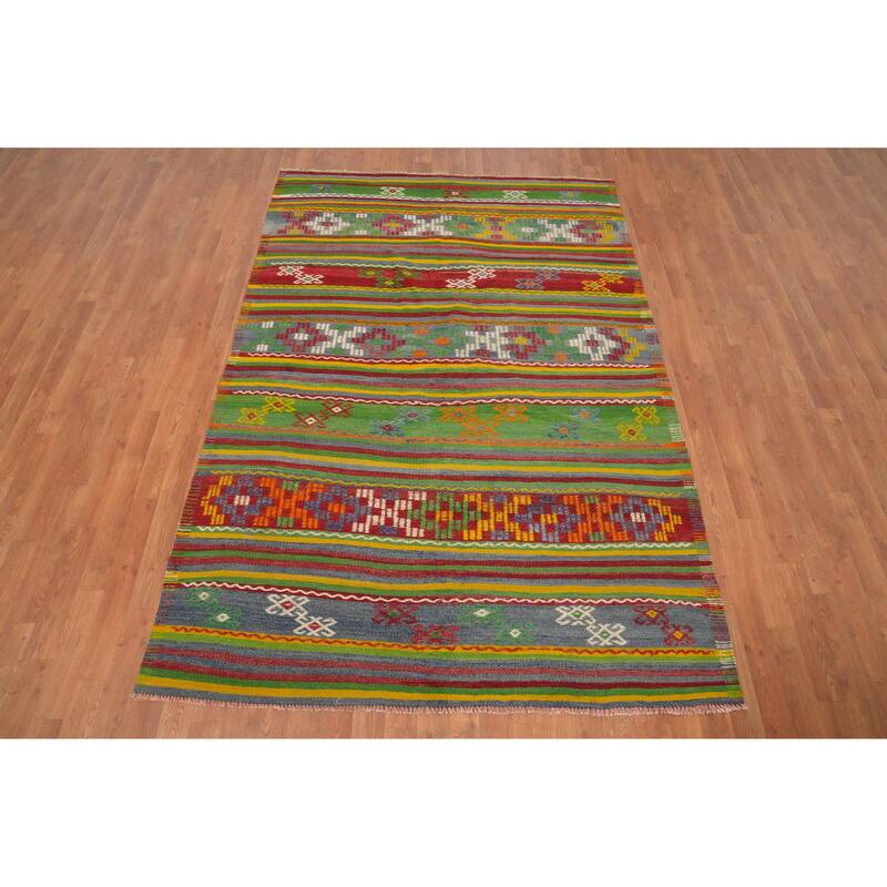Hand Woven Oriental 100% Wool Carpet Southwestern Tribal Green Kilim Area Rug - 7' 8'' X 5' 4''