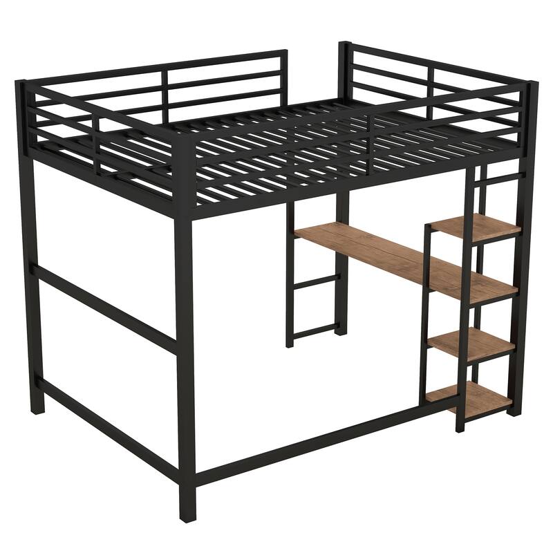 Full Size Black Metal Loft Bed with Built-in Desk and Storage Shelves