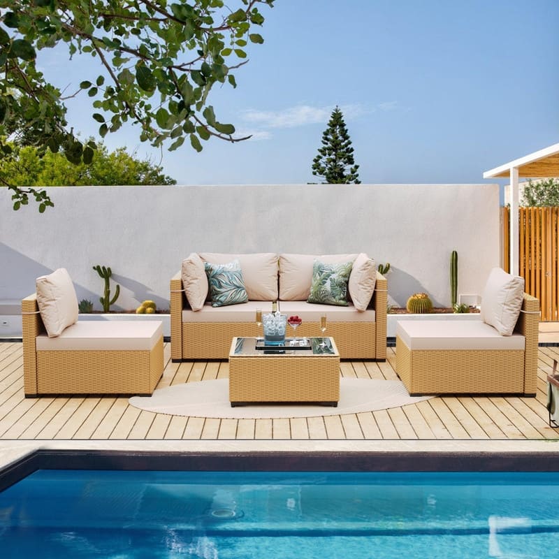 Patio Watcher 5-Pieces Yellow Rattan Conversation Set with Cusions for Outdoors