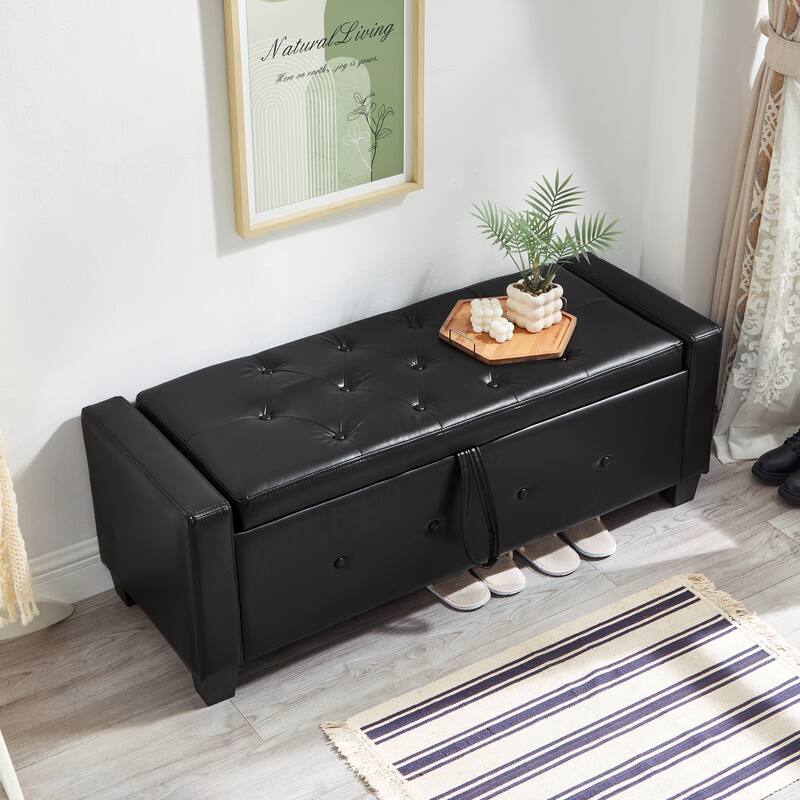 Tufted Faux Leather Storage Ottoman Bench for Bedroom, Living Room & Hallway, 48" Multifunctional Upholstered End of Bed Bench - Black