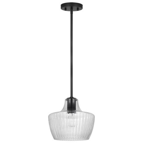 Destin 1 Light Mini Pendant Medium Base 60 Watt Black And Silver Accent Finish Clear Ribbed Glass