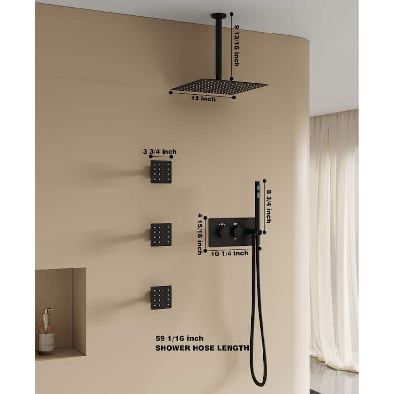 3-Function Ceiling-Mounted Shower System With 12" Ultra-Thin Square Shower Head,Body Jets And Hand Shower(Valve Included)