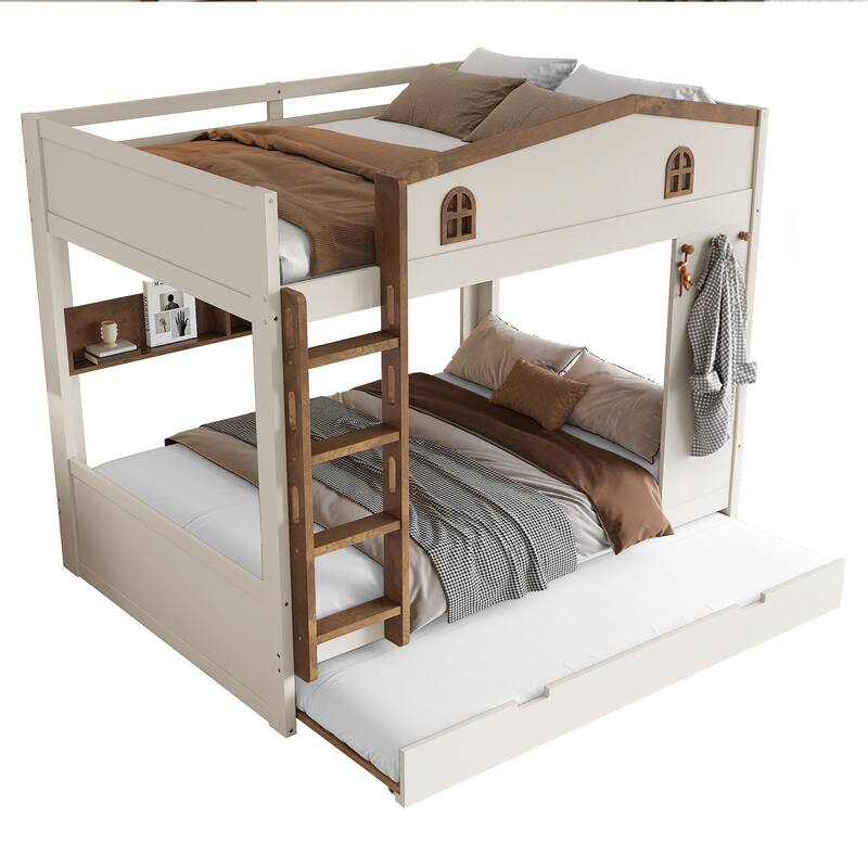 Queen over Queen Bunk Bed Rustic House Bunk Bed with Hooks Storage Shelves, Solid Wood Under-bed Storage Drawers or Trundle