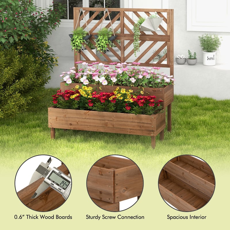 Costway 2-Tier Raised Garden Bed with Trellis Wooden Elevated Planter - See Details