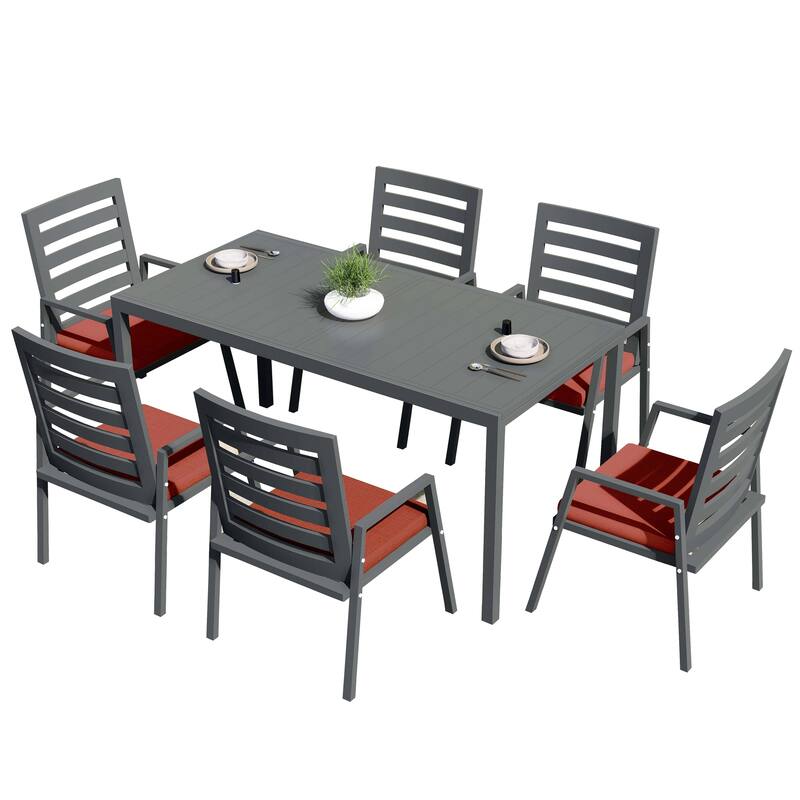 Chelsea 7-Piece Aluminum Outdoor Dining Set 78 in. Rectangular Table and 6 Dining Armchair w/ Cushions - N/A - Cherry Red