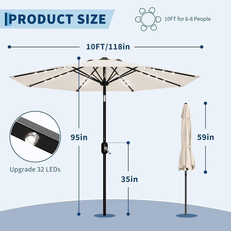 10 FT Outdoor Table Patio Umbrella, Waterproof UV Protection with Solar Lights