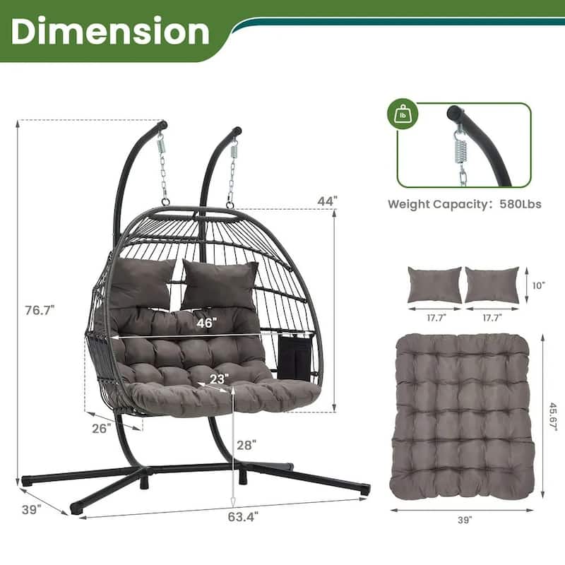 EROMMY Hanging Egg Chair with Stand, Portable Indoor/Outdoor Swing Chair with Cushion and Pillow, Wicker Patio Swing,Grey