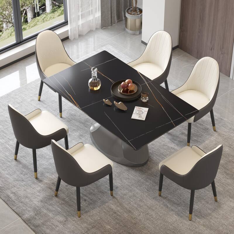 Rectangular Dining Table, Faux Marble Kitchen Dining Table with Grey Pedestal. - Black - 63"