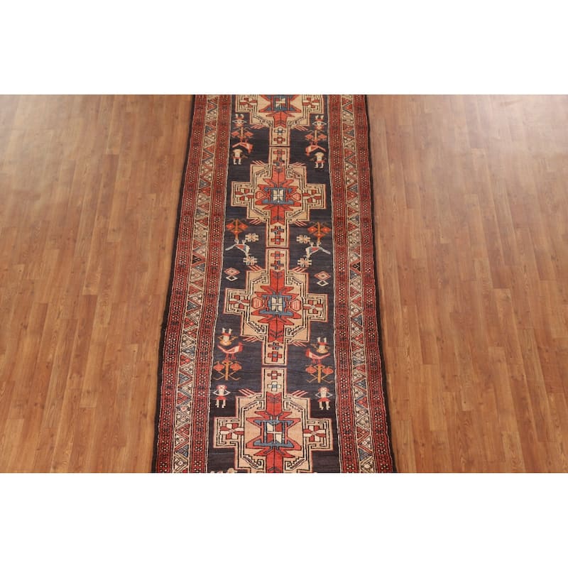 Navy Blue Ardebil Persian Vintage Runner Rug Hand-knotted Wool Carpet - 3'9"x 10'8"
