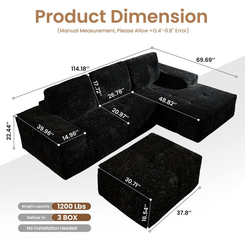 HOOOWOOO Modern Sparkly Velvet Fabric Chaise Sofa Couch with Ottoman