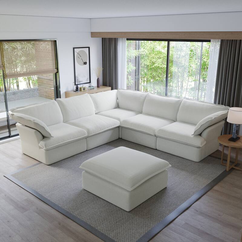 L-shape Sectional Sofa Modern Upholstered Modular Sofa - White with Ottoman