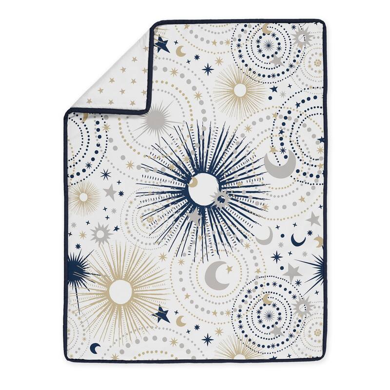 Star and Moon Collection Boy Girl 4pc Nursery Crib Bedding Set - Navy Blue Gold Grey Celestial Sky Stars Gender Neutral Unisex