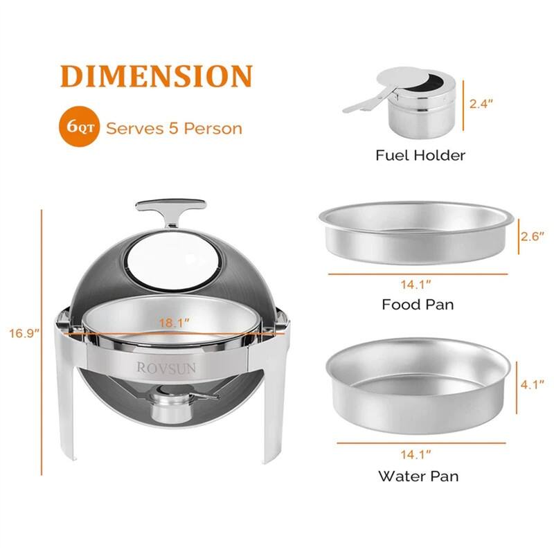 1/2 Set 6 QT Round Stainless Steel Roll Top Chafing Dish