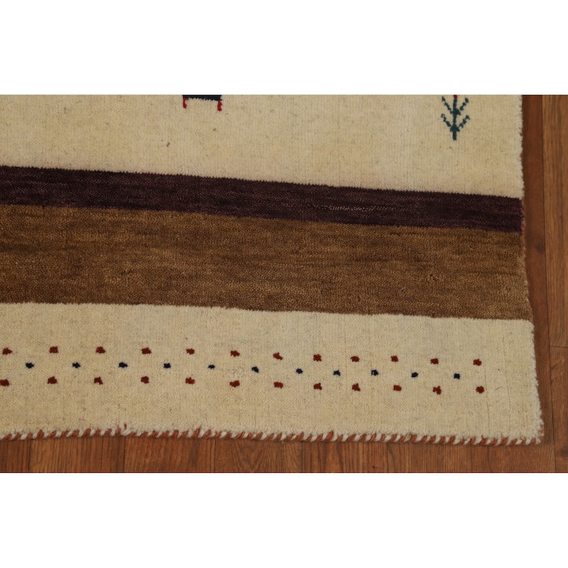 Striped Gabbeh Oriental Rug Handmade Beige Tribal Wool Carpet - 3'11" x 5'7"