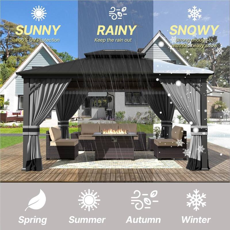 Kullavik Hardtop Gazebo w/ Galvanized Steel Roof & Aluminum Frame, New Outdoor Canopy w/ Mosquito Net & Curtain, Patio Pergola
