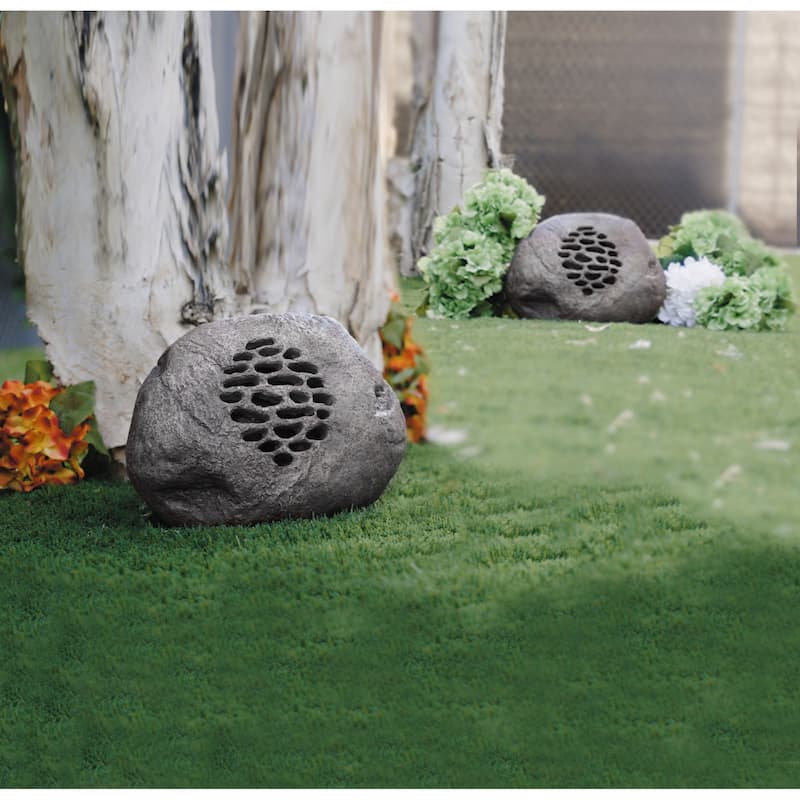 Alpine Corporation QLP952SLR-GR-2 Solar Bluetooth Enabled Rock Speaker, Audio for Pool, Deck, & Patio, 9"H, Gray, Set of 2