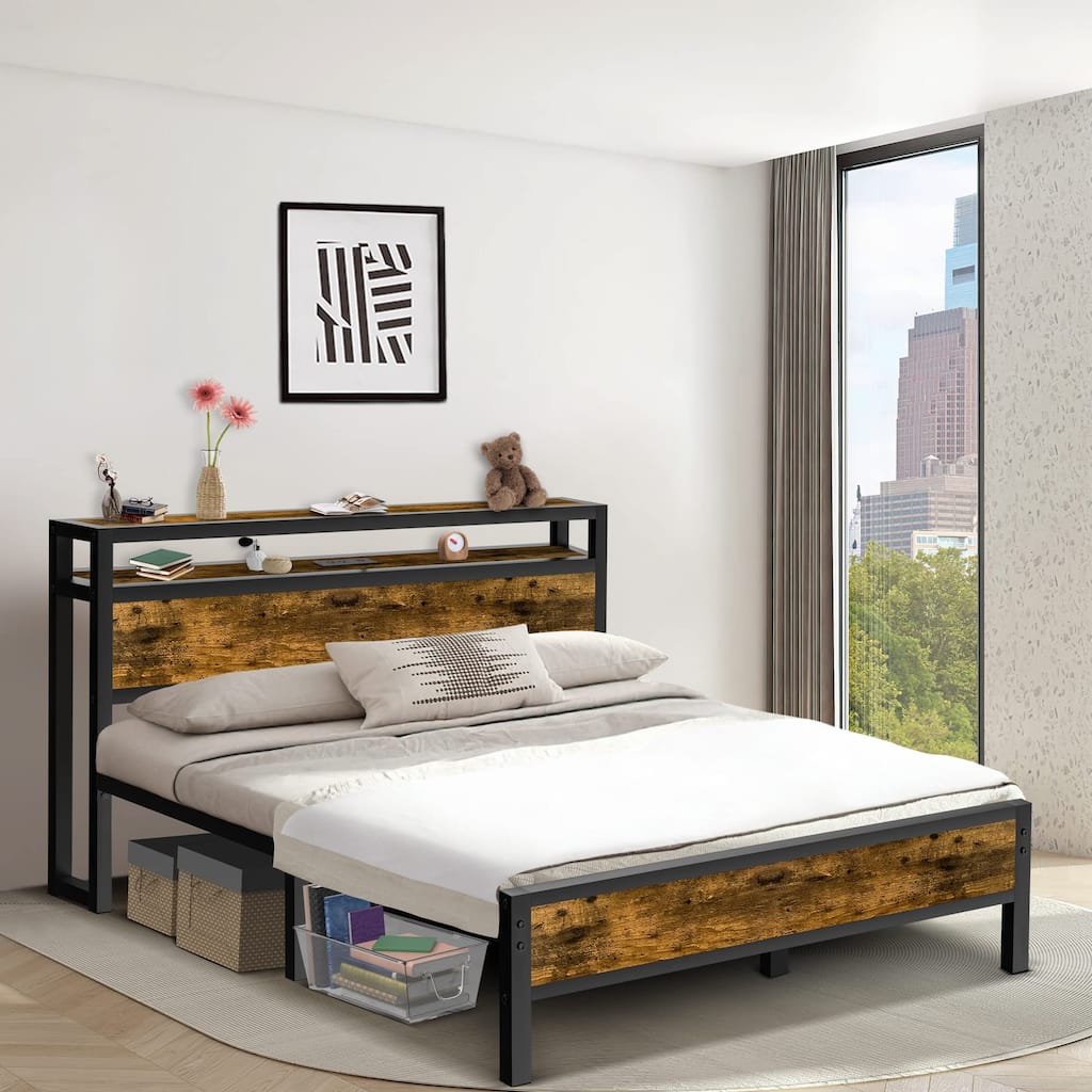 Bed Frame with Charging Station No Box Spring Needed