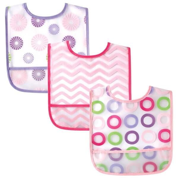 slide 1 of 1, Luvable Friends Baby Girl Waterproof PEVA Bibs 3pk, Pink Circle, One Size - Pink Circle - One Size One Size - Pink Circle