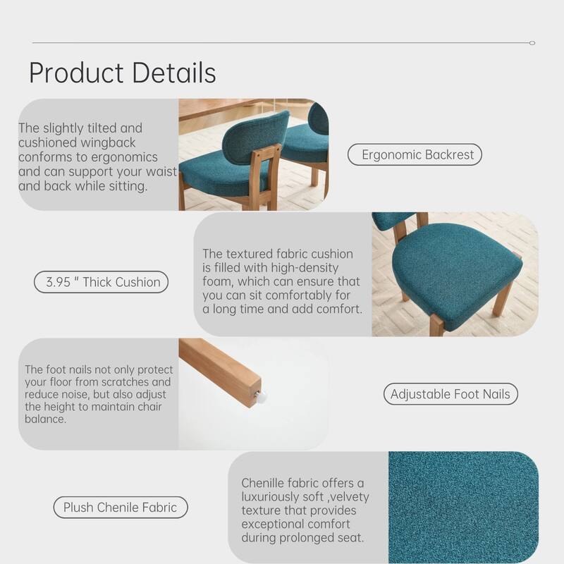 Wooden Dining Chairs Set of 2 , Fabric Upholstered Side Chair Farmhouse Kitchen Chairs for Dining Room, Breakfast Area