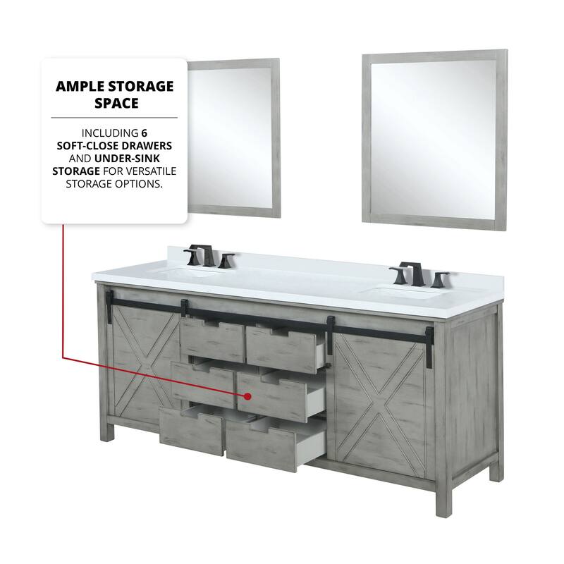 Marsyas 84 in W x 22 in D White Double Bath Vanity, Grey Quartz Countertop and 34 in Mirrors