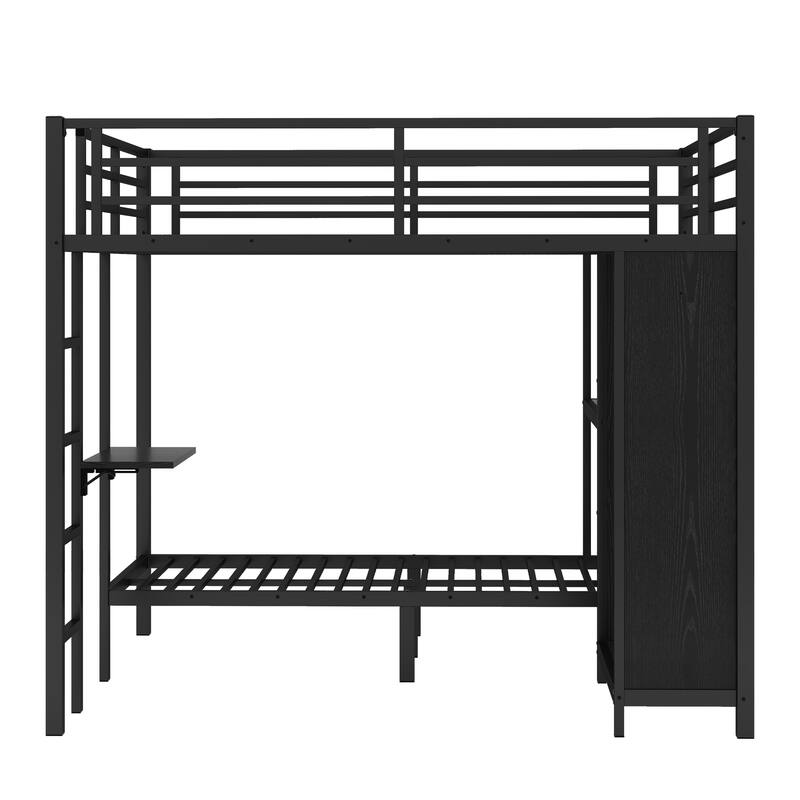 Roomfitters King over Twin XL Metal Bunk Bed with Built-in Wardrobe, Foldable Desk & Storage Space, Heavy-Duty Frame, Black