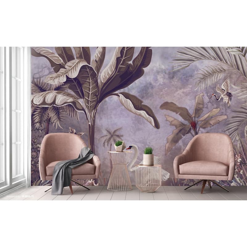 Swan and Palm Scenic Wallpaper Mural - Purple - W:122" x H:110"
