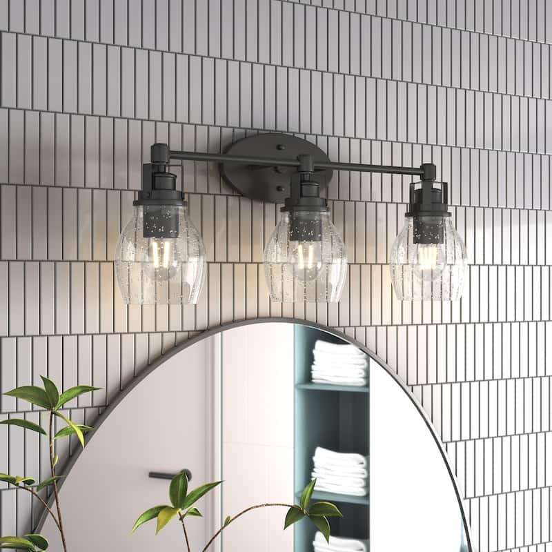 Modern 3-Light Bathroom Vanity Light in Black Finish with Seeded Glass Shade - Black
