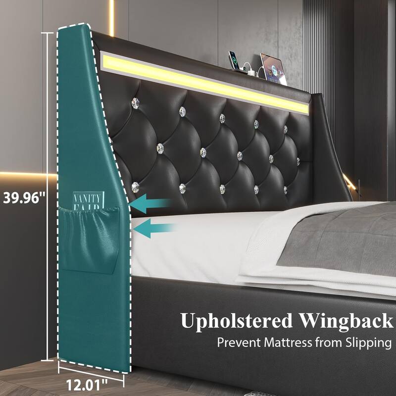 Full Bed Frame with LED Lights, Upholstered Bed Frame with Charging Station, Platform Bed with Diamond Headboard, Wooden Slats