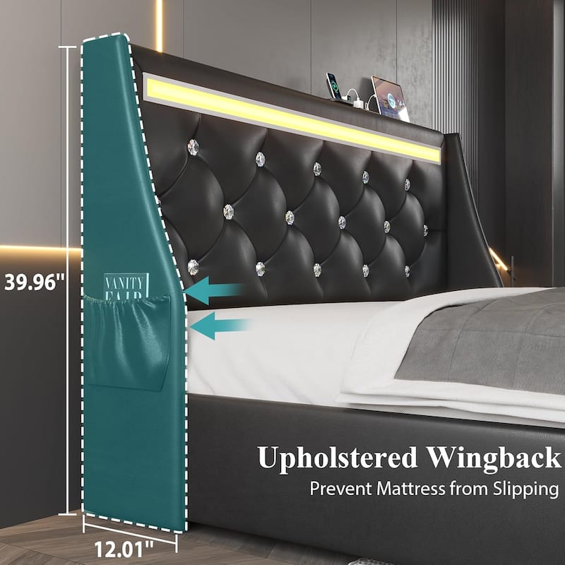 Upholstered Platform Bed Frame with Diamond Tufted Headboard, LED Lights & Charging Station