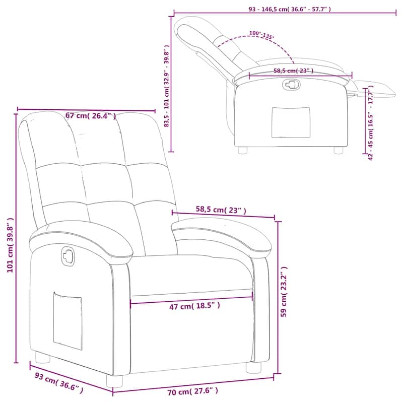 vidaXL Recliner Chair Dark Grey 100% Polyester Fabric, Metal, Plywood - 36.6 x 27.6 x 39.8