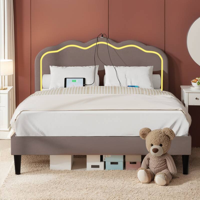 VECELO Upholstered Bed Frame with Headboard Adjustable,LED Lights, USB-A & Type-C,Velvet Platform Bed No Box Spring Needed