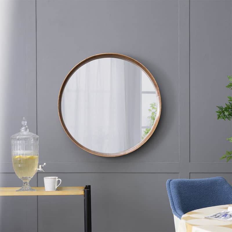 31.5" Round Pine Wood Wall Mounted Mirror - Brown