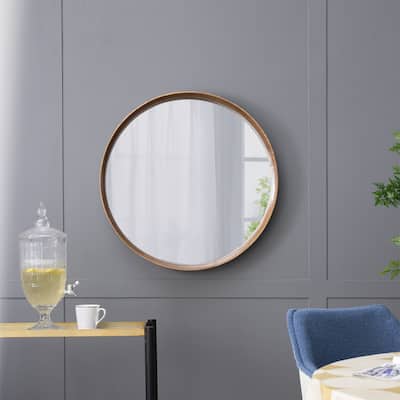 31.5" Round Pine Wood Wall Mounted Mirror