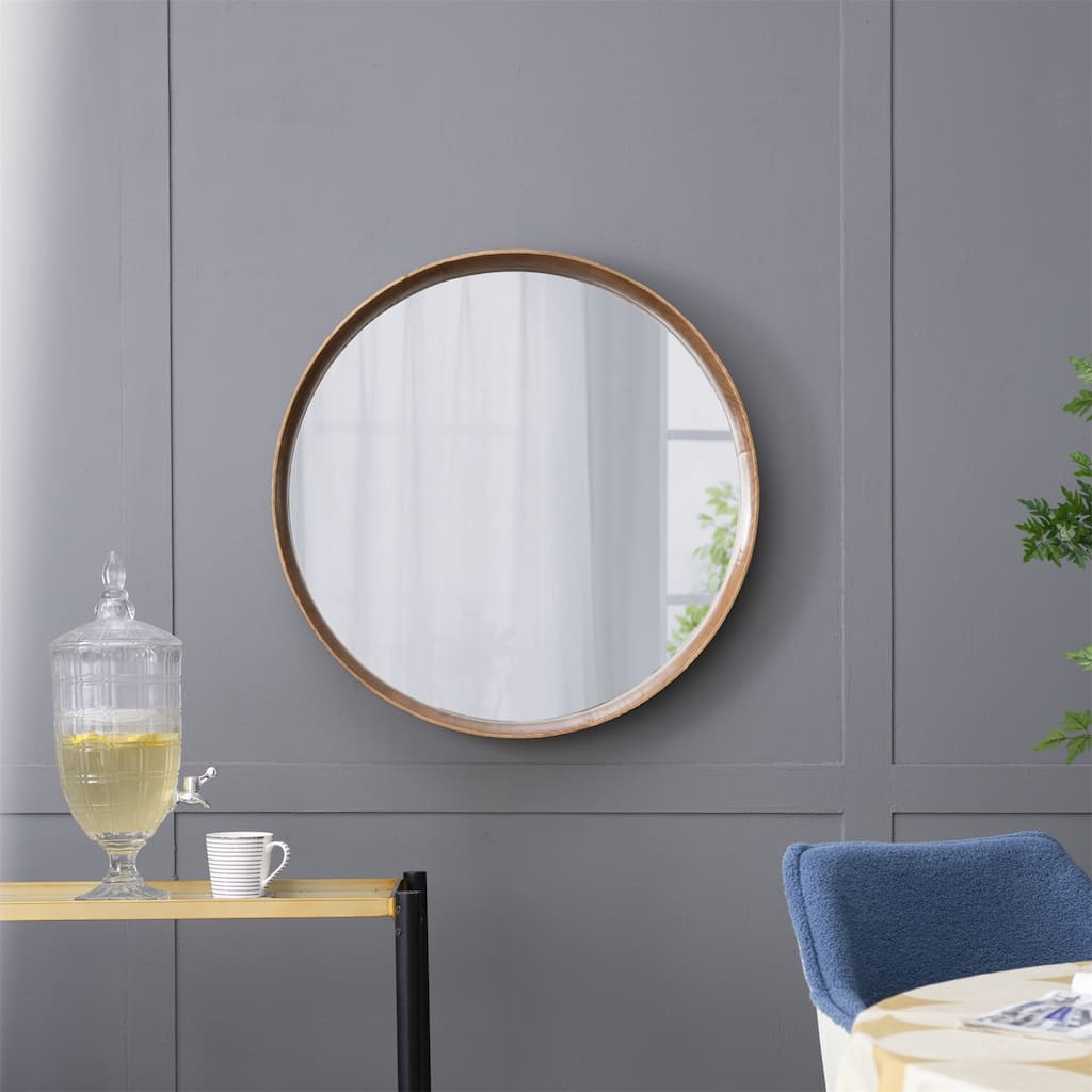 31.5" Round Pine Wood Wall Mounted Mirror