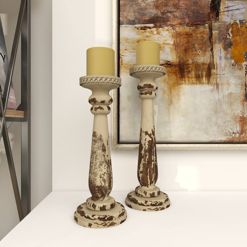 Wood Distressed Pillar Candle Holder - Set of 2 Brown - Roche River Decor