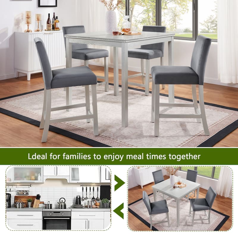 5 Piece Counter Height Table Set,Wooden Table Set with Square Table and 4 Upholstered Chairs,Table with Crystal Decoration