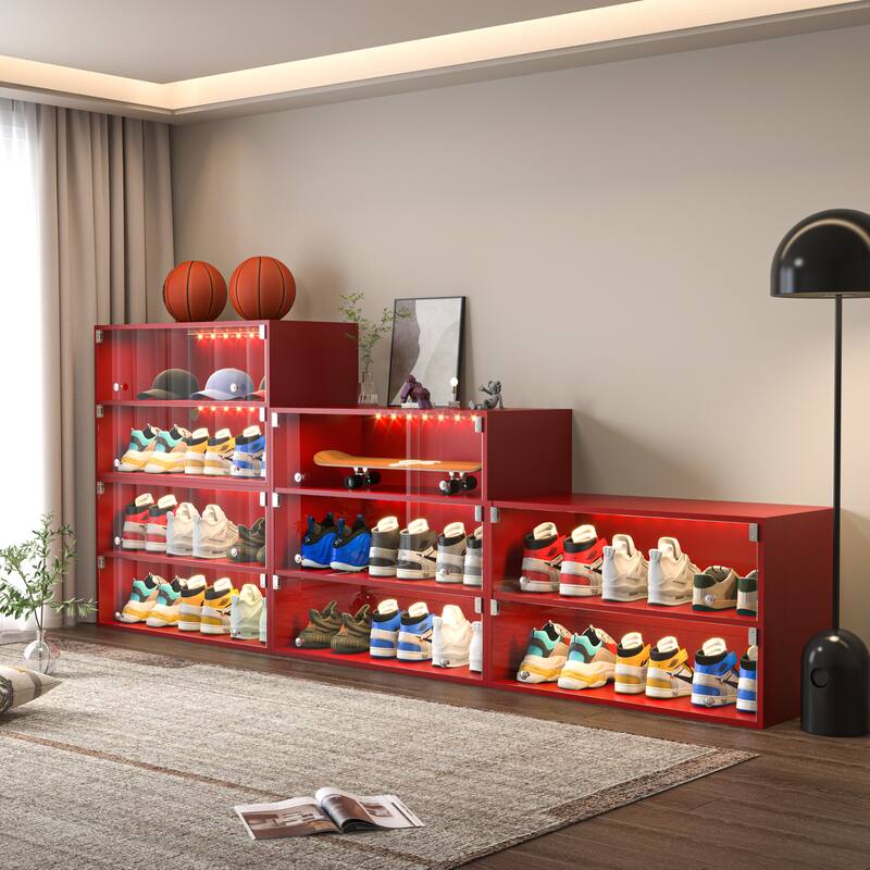 3-Tier Stackable Shoe Display Case with RGB LED Lights and Glass Doors for Sneakers Storage, Bedroom Hallway Organize Cabinet