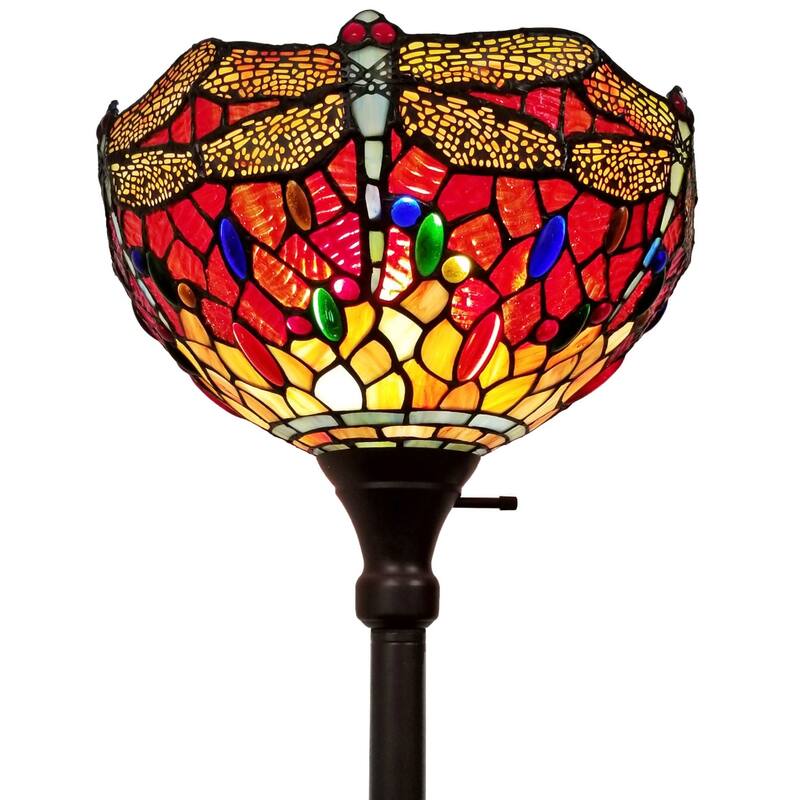 Black Metal Torchiere Floor Lamp with Red Stained Glass Dragonfly Shade - 14” x 14” x 69” (D x W x H)