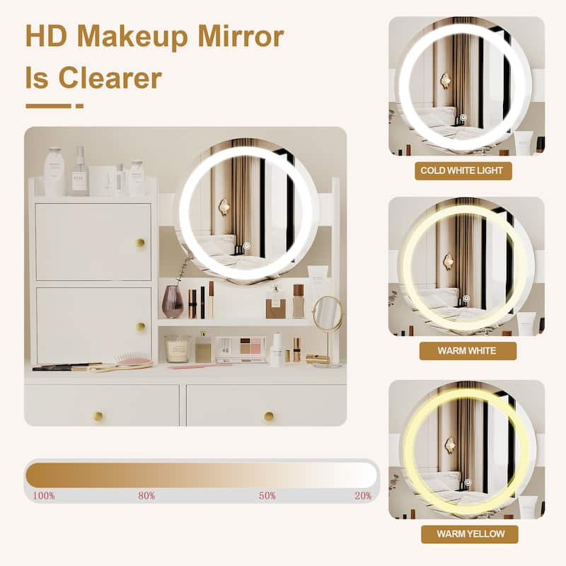 White Makeup Vanity Desk Set with LED Makeup Vanity Round Mirror & 3 Color Options, Dressing Table & Stool Set