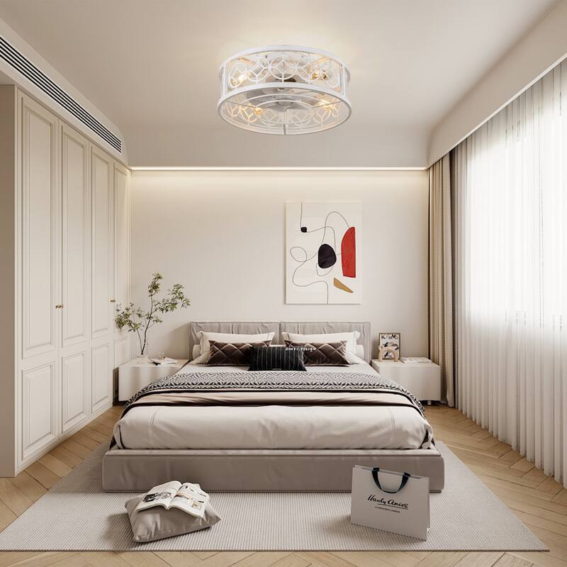 20" Vintage Cream White Caged Light Ceiling Fan, Flush Mount Drum Shaped Classic Ceiling Fan for Bedroom