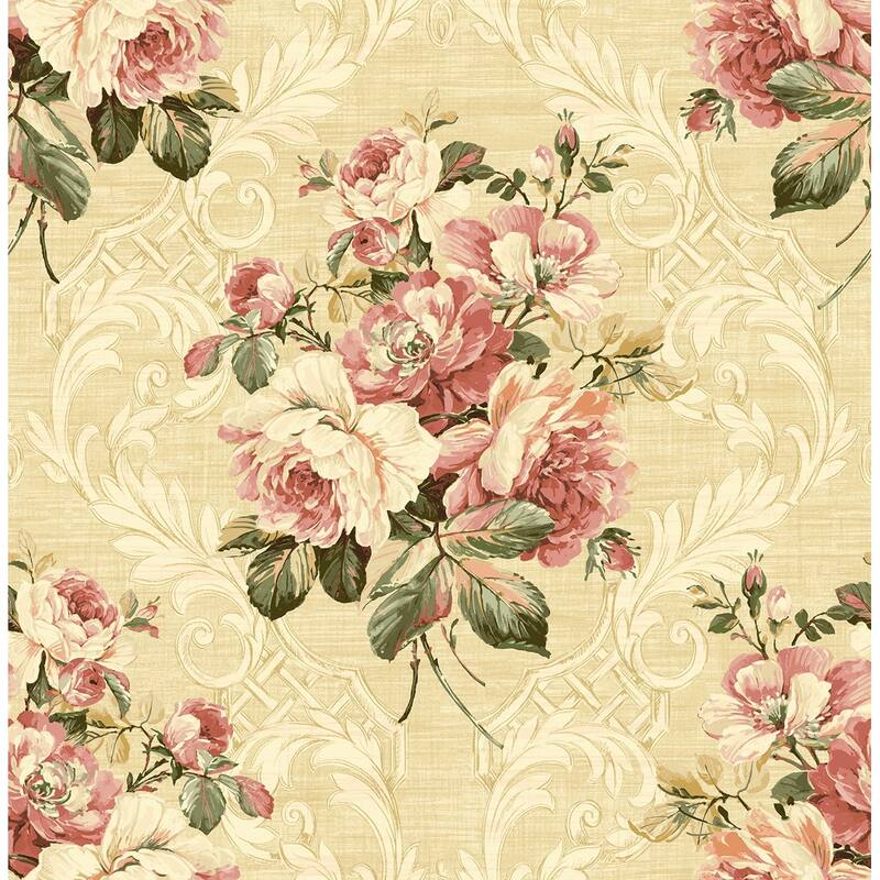 Seabrook Designs Tabitha Flora Bunch Unpasted Wallpaper - 20.5 in. W x 33 ft. L - Metallic Khaki & Cranberry