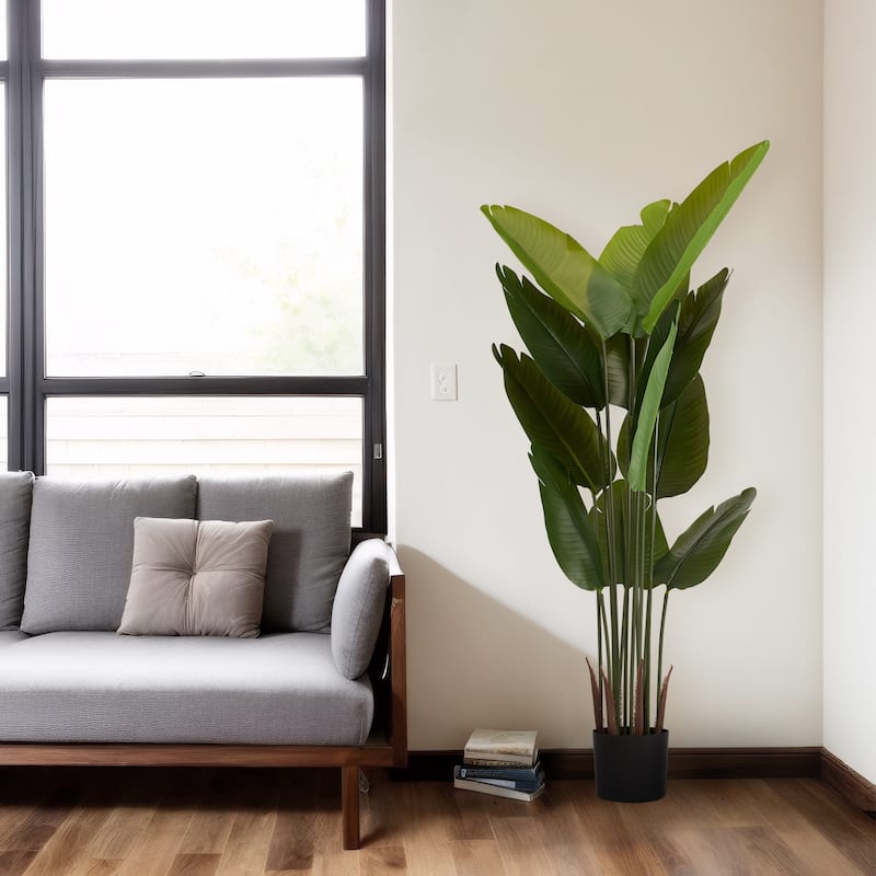 Artificial Bird of Paradise Plant, 5.2ft Tall Faux Tropical Palm Tree in Pot for Indoor or Outdoor Home, 2pcs/set