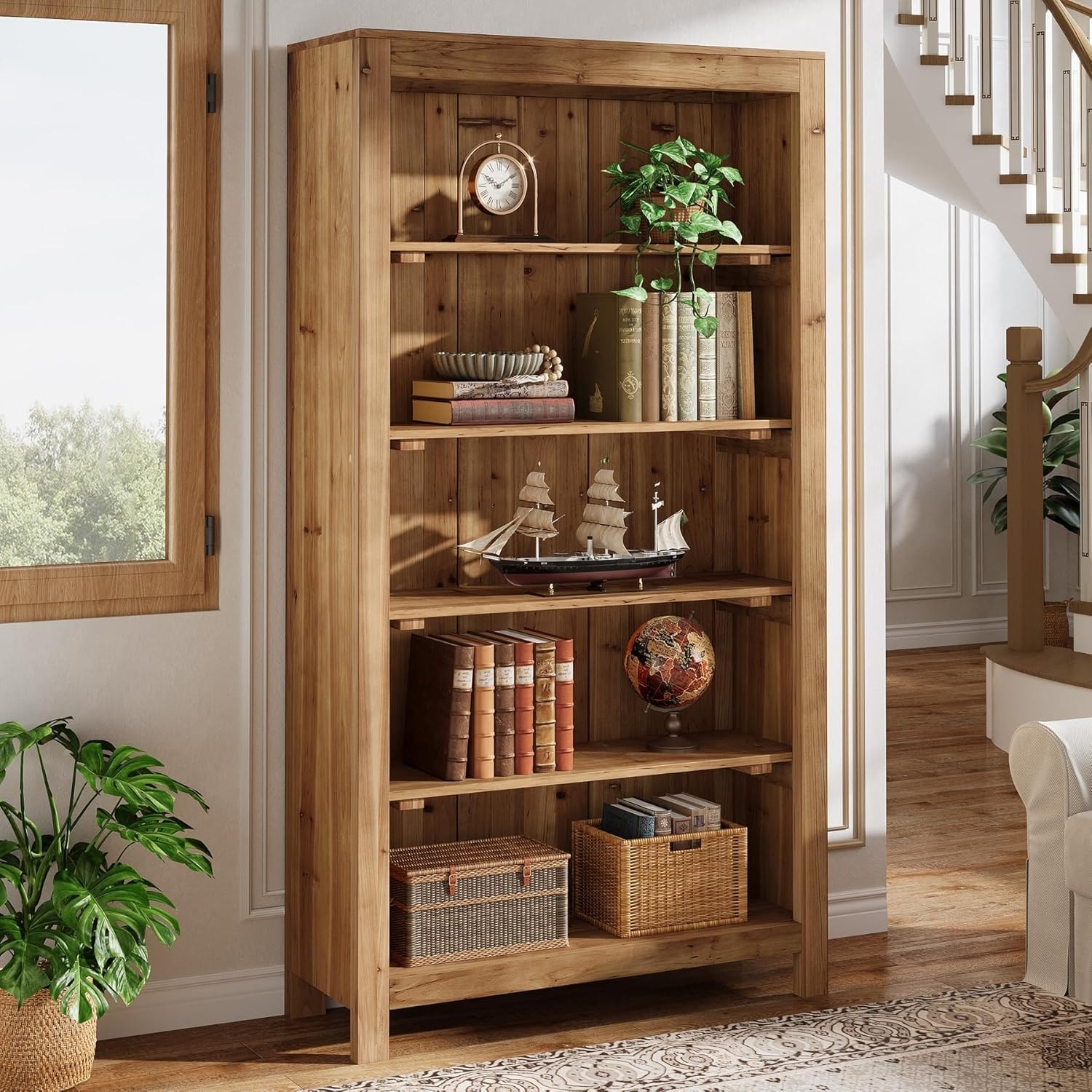 5-Tier Tall Heavy Duty Floor Bookcase, Solid Wood Large Bookshelf