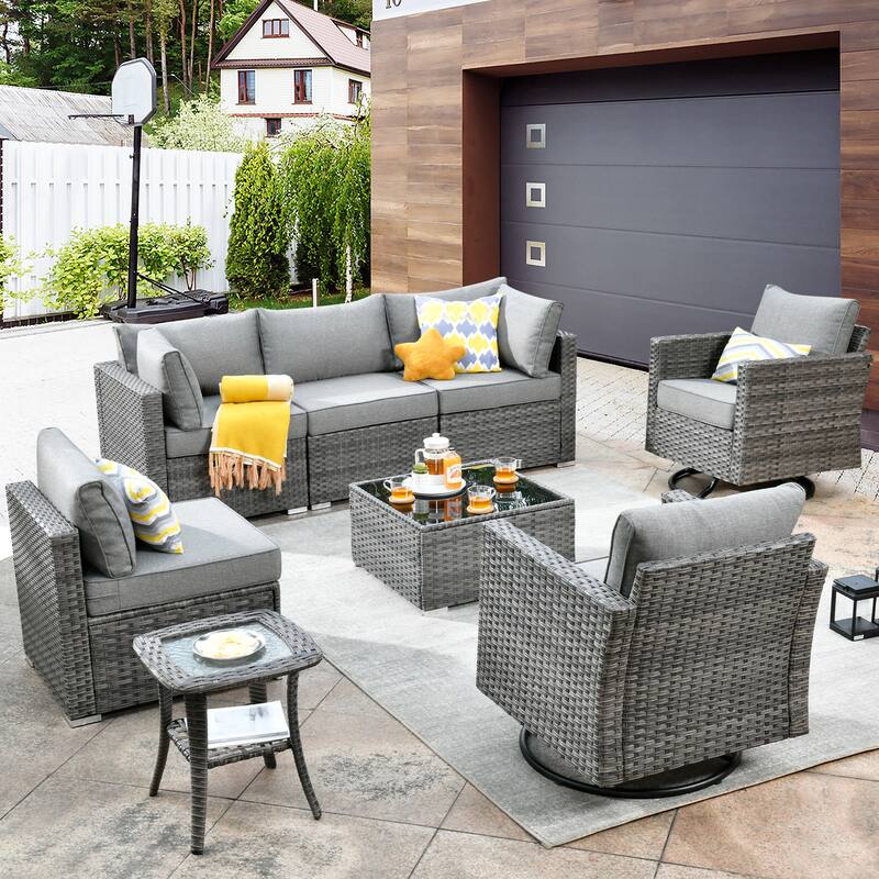 XIZZI 8-piece Patio Wicker Furniture Set with Swivel Chair - Dark Grey