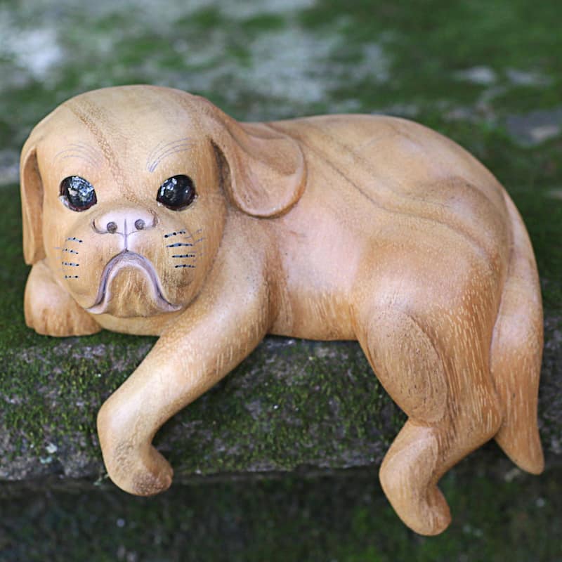 Handmade Curious Shih Tzu Wood sculpture (Indonesia) - 21 x 15 x 15