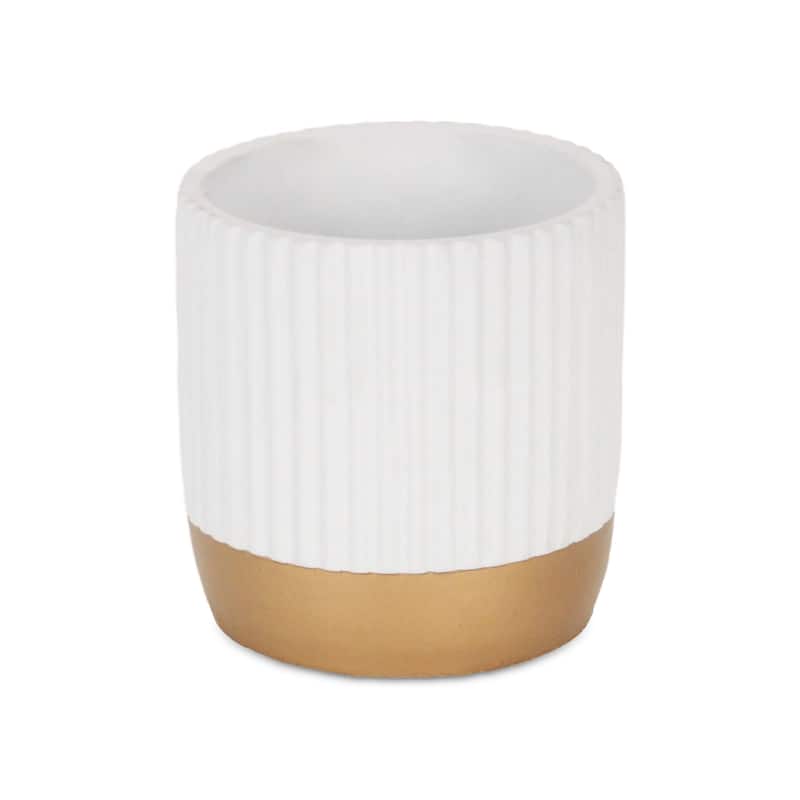 Aurone Round Ridged Ceramic Pot with Gold Finished Base - White